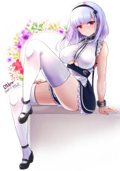 Rule 34 | 1girl, 2020, anchor choker, apron, azur lane, black footwear, black hairband, breasts, center frills, character name, choker, clothing cutout, dido (azur lane), flower, frilled choker, frills, hairband, hal (harun), large breasts, long hair, looking at viewer, purple eyes, shirt, shoes, sitting, sleeveless, sleeveless shirt, solo, thighhighs, underboob, underboob cutout, waist apron, white apron, white hair, white shirt, white thighhighs