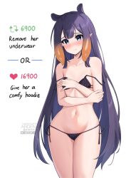 Rule 34 | 1girl, ardenlolo, artist name, bare arms, bare shoulders, black bra, black panties, blush, bra, collarbone, commentary, english commentary, english text, flat chest, groin, hololive, hololive english, like and retweet, long hair, looking at viewer, meme, mole, mole under eye, navel, ninomae ina&#039;nis, panties, pointy ears, purple hair, side-tie panties, simple background, solo, stomach, strap slip, twitter strip game (meme), underwear, underwear only, very long hair, virtual youtuber, white background