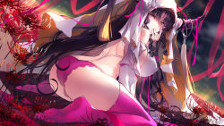 Rule 34 | 1girl, ass, back, baisi shaonian, bare shoulders, black hair, breasts, covered erect nipples, fate/extra, fate/extra ccc, fate (series), flower, highres, horns, large breasts, long hair, panties, pink panties, pink thighhighs, sessyoin kiara, sitting, smile, solo, thighhighs, underwear, veil, very long hair, wariza, yellow eyes