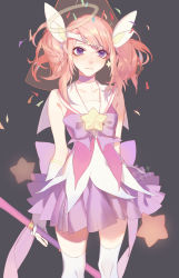 Rule 34 | 1girl, absurdres, alternate costume, alternate hair color, alternate hairstyle, blush, bow, choker, collarbone, dj.adonis, elbow gloves, fang, flat chest, frown, gloves, headband, highres, holding, holding wand, league of legends, long hair, lux (league of legends), magical girl, pink hair, pleated skirt, purple eyes, sailor collar, simple background, skirt, solo, star (symbol), star guardian (league of legends), star guardian lux, thighhighs, tiara, twintails, wand, white gloves
