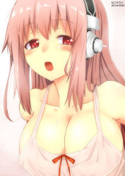 Rule 34 | 1girl, blush, bow, breasts, cleavage, collarbone, dated, dress, gradient background, headphones, highres, large breasts, long hair, looking at viewer, nekomicha, nitroplus, open mouth, pink background, pink dress, pink hair, red eyes, solo, super sonico, upper body