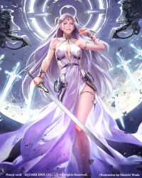 Rule 34 | armlet, artist name, bare shoulders, bracelet, center opening, copyright notice, dress, energy sword, forehead jewel, grey eyes, halo, jewelry, mobius final fantasy, moon, shuichi wada, side slit, solo, sword, thigh strap, weapon, white dress, white hair