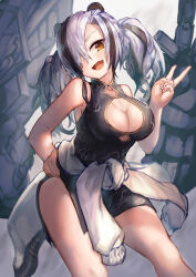 Rule 34 | absurdres, animal ears, arknights, black dress, breasts, china dress, chinese clothes, cleavage, cleavage cutout, clothing cutout, diamond cutout, dress, feater (arknights), hair over one eye, hand on own hip, highres, large breasts, looking at viewer, multicolored hair, open mouth, panda ears, panda girl, print dress, sleeveless, striped hair, taku57, two-tone hair, two side up, v, yellow eyes