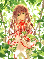 Rule 34 | 1girl, :o, ahoge, ardbf, bow, braid, brown hair, commentary request, flower, green eyes, hair between eyes, hair flower, hair ornament, hand on lap, hand on leg, hand on own thigh, highres, kanbe kotori, leaf, looking at viewer, rewrite, rope, solo, swing, thighhighs, twin braids, white thighhighs, zettai ryouiki