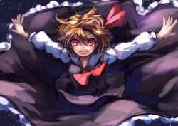 Rule 34 | 1girl, ascot, berabou, blonde hair, bow, hair bow, hair ribbon, open mouth, outstretched arms, red eyes, ribbon, rumia, short hair, skirt, solo, touhou
