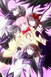 Rule 34 | 10s, 5girls, akemi homura, akuma homura, argyle, argyle clothes, argyle legwear, bare shoulders, black dress, black gloves, black hair, bow, braid, choker, closed eyes, dress, elbow gloves, feathered wings, girl sandwich, glasses, gloves, hair bow, hair ribbon, hairband, harem, highres, holding hands, kaname madoka, long hair, looking at another, looking at viewer, magical girl, mahou shoujo madoka magica, mahou shoujo madoka magica: hangyaku no monogatari, mikio5, multiple girls, multiple persona, pantyhose, pink background, pink eyes, pink hair, purple eyes, red-framed eyewear, red hairband, ribbon, sakusyaretsuden, sandwiched, school uniform, semi-rimless eyewear, short hair, short twintails, simple background, skirt, smile, spoilers, thighhighs, twin braids, twintails, under-rim eyewear, white legwear, wings, yuri, zettai ryouiki