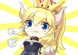 Rule 34 | 1girl, :3, black dress, blonde hair, blue eyes, blush stickers, bowsette, bracelet, breasts, closed mouth, collar, crown, dress, earrings, fang, fang out, hair between eyes, horns, jewelry, long hair, mario (series), medium breasts, mini crown, new super mario bros. u deluxe, nintendo, pointy ears, solo, spiked bracelet, spiked collar, spiked tail, spikes, strapless, strapless dress, sunburst, super crown, synn032, tail, turtle shell