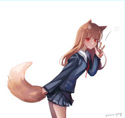 Rule 34 | 1girl, absurdres, animal ear fluff, animal ears, blue shirt, brown hair, closed mouth, collared shirt, cowboy shot, erroten, fang, from side, grey skirt, highres, holo, leaning forward, long hair, long sleeves, looking at viewer, miniskirt, neck ribbon, pleated skirt, red eyes, red ribbon, ribbon, saenai heroine no sodatekata, sailor collar, sailor shirt, shirt, simple background, skirt, smile, solo, spice and wolf, standing, straight hair, tail, very long hair, w, white background, white sailor collar, wolf ears, wolf girl, wolf tail