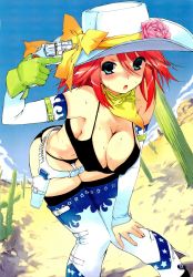 Rule 34 | 1girl, bandana, belt, belt skirt, bent over, blue eyes, blush, bow, bra, breasts, cleavage, cowboy hat, cowboy western, elbow gloves, flower, gloves, green eyes, gun, gun to head, handgun, hat, highres, holding, holding gun, holding weapon, holster, inu777, large breasts, lingerie, open mouth, panties, red hair, revolver, solo, sweat, thighhighs, twisted breasts, underwear, weapon