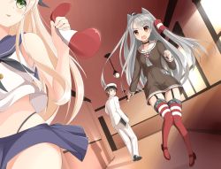 Rule 34 | 10s, 1boy, 2girls, admiral (kancolle), amatsukaze (kancolle), black panties, blonde hair, clothes theft, elbow gloves, gloves, hair tubes, hairband, hat, kantai collection, leaf1031, long hair, military, military uniform, multiple girls, naval uniform, panties, pantyshot, peaked cap, pleated skirt, revision, shimakaze (kancolle), silver hair, skirt, striped clothes, striped legwear, striped thighhighs, theft, thighhighs, twintails, two side up, underwear, uniform, white gloves