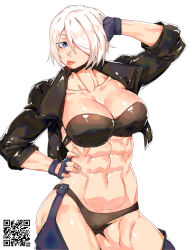 Rule 34 | 1girl, abs, absurdres, alternate muscle size, angel (kof), backless pants, blue eyes, bra, breasts, chaps, cleavage, crop top, cropped jacket, fingerless gloves, gloves, hair over one eye, highres, jacket, large breasts, leather, leather jacket, looking at viewer, midriff, minew, muscular, muscular female, navel, obliques, panties, pants, short hair, simple background, snk, solo, strapless, strapless bra, the king of fighters, the king of fighters xiv, toned, tongue, tongue out, underwear, white background, white hair