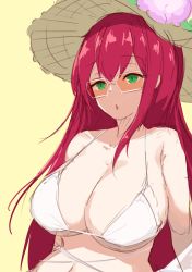 Rule 34 | absurdres, azur lane, bare shoulders, bikini, breasts, cleavage, collarbone, green eyes, hat, highres, huge breasts, navel, noe (ppppriver), orange-tinted eyewear, orange-tinted glasses, parted lips, red hair, simple background, solo, sun hat, sunglasses, surcouf (azur lane), surcouf (loisirs balneaires) (azur lane), swimsuit, tinted eyewear, upper body, white bikini, yellow background