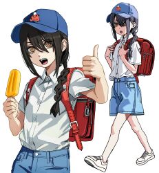 Rule 34 | 1girl, absurdres, backpack, bag, baseball cap, black hair, braid, braided ponytail, chainsaw man, denim, denim shorts, food, hair between eyes, hair over one eye, hat, highres, holding strap, ice cream, looking at viewer, medium hair, nayuta (chainsaw man), open mouth, randoseru, red bag, ringed eyes, shiren (ourboy83), shirt, shorts, simple background, solo, thumbs up, white background, white footwear, yellow eyes