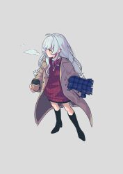 Rule 34 | 1girl, absurdres, ahoge, black footwear, blue scarf, blush, boots, breath, brown coat, coat, commentary, cup, disposable cup, ear piercing, earrings, full body, grey background, grey eyes, hand in pocket, high heel boots, high heels, highres, holding, holding cup, ishigami nozomi, jewelry, kashikaze, knit sweater, long hair, long sleeves, multicolored hair, nail polish, necklace, nijisanji, open clothes, open coat, piercing, red hair, red nails, red sweater, scarf, sidelocks, simple background, solo, streaked hair, sweater, two-tone hair, unmoving pattern, unworn scarf, virtual youtuber, white hair