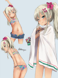 Rule 34 | 1girl, akino shuu, bare arms, bare legs, bare shoulders, bikini, blonde hair, blue bikini, blue shorts, bow, closed mouth, denim, denim shorts, grecale (kancolle), green eyes, grey background, hair bow, kantai collection, long hair, multiple views, navel, official alternate costume, one eye closed, open fly, pink bow, shorts, simple background, smile, swimsuit, tongue, tongue out, twitter username