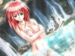 Rule 34 | 1girl, breasts, censored, character request, covering privates, covering breasts, crossed arms, dutch angle, escape plus, frown, game cg, green eyes, groin, has uncensored version, mochizuki nozomu, mosaic censoring, navel, nude, nude cover, red hair, solo, water, waterfall