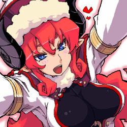 Rule 34 | 1girl, aries mesarthim, bad id, bad pixiv id, blue eyes, breasts, cleavage, dameyo, hat, heart, horns, large breasts, long hair, looking at viewer, lowres, merusatimu, outline, pointy ears, red hair, shinrabanshou, simple background, solo, tsurime, white background