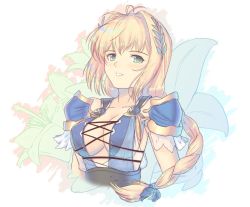 Rule 34 | 1girl, armor, blonde hair, blue eyes, blue ribbon, braid, breasts, cat with a brush, cleavage, commentary request, cropped torso, elbow pads, flower, hair intakes, hair ornament, large breasts, long hair, looking at viewer, medium breasts, open mouth, ribbon, shoulder armor, shoulder pads, simple background, single braid, solo, sophitia alexandra, soul calibur, upper body