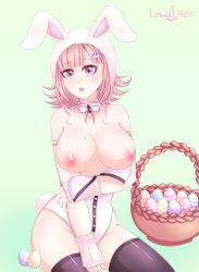 1girl arm_warmers artist_name black_thighhighs bow breasts danganronpa_(series) danganronpa_2:_goodbye_despair easter easter_egg egg female_focus galaga galaga_hair_ornament gradient_background green_background large_breasts leotard lewdlilies matching_hair/eyes mole mole_on_breast nanami_chiaki nipples open_mouth pink_bow pink_eyes pink_hair pink_ribbon playboy_bunny rabbit_ears ribbon signature simple_background solo solo_focus teeth thighhighs tongue upper_teeth_only