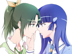 Rule 34 | 10s, 2girls, aoki reika, blue eyes, blue hair, eye contact, green eyes, green hair, hand on another&#039;s cheek, hand on another&#039;s face, imminent kiss, long hair, looking at another, midorikawa nao, multiple girls, negom, ponytail, precure, school uniform, simple background, smile precure!, upper body, white background, yuri