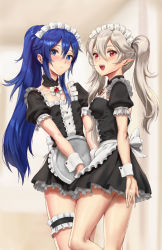 Rule 34 | 2girls, alternate costume, apron, athenawyrm, blue hair, blurry, blurry background, blush, bridal garter, brooch, corrin (female) (fire emblem), corrin (fire emblem), fang, fire emblem, fire emblem awakening, fire emblem fates, highres, jewelry, long hair, looking at viewer, looking back, lucina (fire emblem), maid, maid apron, maid headdress, multiple girls, nintendo, open mouth, pointy ears, red eyes, silver hair, smile, standing, thigh scrunchie, tray, twintails, very long hair, wrist cuffs
