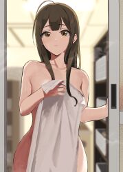 Rule 34 | 1girl, absurdres, ahoge, blurry, blurry background, blush, brown hair, collarbone, commentary, completely nude, covering privates, garuku1120, highres, holding, holding towel, idolmaster, idolmaster shiny colors, kuwayama chiyuki, looking at viewer, naked towel, nude, nude cover, sidelocks, solo, steam, towel, white towel