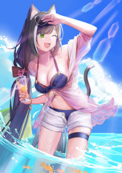 Rule 34 | 1girl, ;d, absurdres, animal ear fluff, animal ears, bikini, black hair, blue bikini, blue sky, bow, breasts, cat ears, cat girl, cat tail, cleavage, clio (dabingshi clio da), cloud, collarbone, cup, day, drinking straw, eyewear on head, fang, fish, green eyes, hair bow, halterneck, highres, holding, holding cup, karyl (princess connect!), karyl (summer) (princess connect!), leaning forward, long hair, medium breasts, multicolored hair, one eye closed, open clothes, open mouth, open shorts, outdoors, princess connect!, red bow, short shorts, shorts, sideboob, skin fang, skindentation, sky, smile, solo, streaked hair, summer, sunglasses, sunlight, swimsuit, tail, thigh strap, very long hair, wading, white-framed eyewear, white shorts