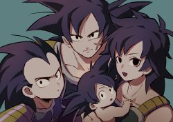 Rule 34 | 1girl, 3boys, armor, bardock, black eyes, black hair, brothers, closed mouth, dragon ball, dragon ball minus, facial scar, family, father and son, gine, highres, husband and wife, long hair, looking at viewer, mother and son, multiple boys, no alert2038, open mouth, raditz, saiyan, saiyan armor, scar, scar on cheek, scar on face, siblings, simple background, son goku