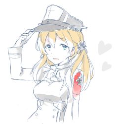 Rule 34 | 10s, 1girl, anchor hair ornament, aqua eyes, blonde hair, cross, gloves, hair ornament, hat, heart, iron cross, kantai collection, long hair, long sleeves, military, military uniform, open mouth, peaked cap, prinz eugen (kancolle), simple background, solo, spot color, twintails, uniform, unrabu, white background