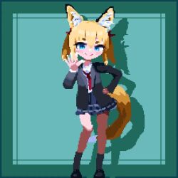 Rule 34 | 1girl, :p, :q, animal ear fluff, animal ears, animated, aqua background, aqua border, birdman46049238, black footwear, black jacket, black socks, blazer, blonde hair, blue eyes, blue skirt, blush stickers, border, closed mouth, dancing, fangs, fox ears, fox girl, fox tail, full body, green background, green border, hair between eyes, hand on own hip, hands on own hips, jacket, loafers, looping animation, necktie, one eye closed, open clothes, open hand, open jacket, open mouth, original, outside border, pixel art, pleated skirt, red necktie, school uniform, shadow, shoes, short eyebrows, short hair, sidelocks, simple background, skirt, slit pupils, smile, socks, solo, standing, swaying, tail, tail wagging, tongue, tongue out, twintails, video, waving, winking (animated)