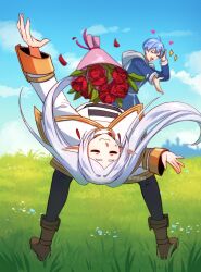 Rule 34 | 1boy, 1girl, :3, :d, = =, arm up, artist name, black pantyhose, blue hair, blue sky, boots, bouquet, brown footwear, caminukai, capelet, cloud, dangle earrings, earrings, elf, flexible, flower, frieren, from behind, full body, gold trim, grass, himmel (sousou no frieren), jewelry, leaning back, long hair, long sleeves, man dodging a kettle (meme), meme, motion blur, open mouth, outdoors, pantyhose, photo-referenced, pointy ears, red flower, short hair, sky, smile, sousou no frieren, standing, throwing, twintails, twitter username, white capelet, white hair