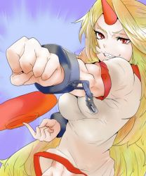 Rule 34 | 1girl, bad id, bad pixiv id, blonde hair, breasts, clenched hand, cuffs, cup, evil grin, evil smile, female focus, grin, horns, hoshiguma yuugi, large breasts, long hair, midriff, muscular, oni, red eyes, sakazuki, sharp teeth, simple background, single horn, smile, solo, somsom, teeth, touhou, very long hair