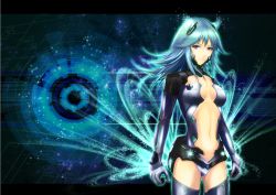 Rule 34 | 1girl, alternate costume, alternate eye color, alternate hair color, alternate hair length, alternate hairstyle, armor, arms at sides, blue hair, bodysuit, breasts, center opening, closed mouth, commentary request, cowboy shot, din (raiden), gloves, glowing, gumi, hair flaps, hair ornament, legs apart, letterboxed, light frown, long hair, long sleeves, looking at viewer, navel, purple eyes, small breasts, solo, stomach, thighhighs, vocaloid