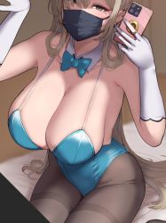 Rule 34 | 1girl, asuna (blue archive), asuna (bunny) (blue archive), bare shoulders, black pantyhose, blue archive, blue bow, blue bowtie, blue leotard, bow, bowtie, breasts, cellphone, cleavage, detached collar, elbow gloves, gloves, large breasts, leotard, mask, miyamoto issa, mole, mole under eye, mouth mask, pantyhose, phone, playboy bunny, sitting, smartphone, solo, thighs
