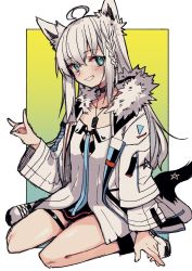 Rule 34 | 1girl, ahoge, animal ears, bare legs, blue background, blue eyes, blue neckwear, blush, braid, breasts, commentary, dress, fox ears, fox shadow puppet, fox tail, full body, fur-trimmed hood, fur-trimmed jacket, fur trim, gradient background, hair between eyes, highres, hololive, hood, hooded jacket, jacket, jewelry, long hair, looking at viewer, necklace, oomori (kswmr), open clothes, open jacket, pentagram, shirakami fubuki, shirakami fubuki (fubukitek), shoes, short dress, side braid, silver hair, simple background, sitting, small breasts, smile, solo, tail, thigh strap, thighs, virtual youtuber, wariza, white background, white dress, white footwear, white jacket, yellow background