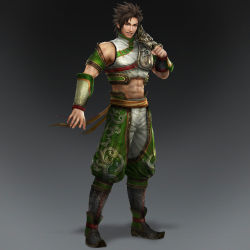 Rule 34 | 1boy, 3d, abs, armor, boots, brown eyes, brown hair, clothes, full body, grin, highres, male focus, muscular, official art, pants, shin sangoku musou, shirt, short hair, simple background, smile, solo, standing, zhang bao