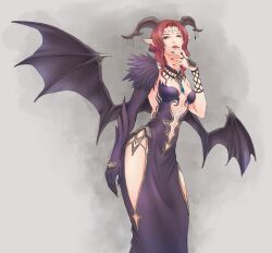 Rule 34 | 1girl, bat wings, black horns, black nails, blue gemstone, breasts, brown eyes, cactus41747280, cleavage, demon girl, demon horns, dress, facial mark, feathers, final fantasy, final fantasy xi, fingernails, forehead mark, gem, hair intakes, hand up, highres, hip vent, horn ornament, horns, lady lilith, long hair, nail polish, open mouth, pink lips, pointy ears, purple dress, purple feathers, purple wings, red hair, sharp fingernails, small breasts, solo, standing, strapless, strapless dress, wavy hair, wings