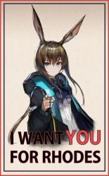 Rule 34 | 1girl, akira (aristole), amiya (arknights), animal ears, arknights, beige background, black jacket, blue eyes, border, brown background, brown hair, commentary, english text, hair between eyes, hand up, highres, i want you, jacket, jewelry, long hair, long sleeves, looking at viewer, open clothes, open jacket, parody, pointing, pointing at viewer, rabbit ears, ring, shirt, solo, upper body, white shirt