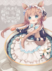 Rule 34 | 1girl, animal ears, black gloves, black ribbon, blue eyes, blush, brown hair, character name, commentary, cowboy shot, cup, eli conifer, flower, from above, gloves, grey background, hair ornament, hairclip, headdress, highres, holding, holding cup, long hair, long sleeves, looking at viewer, low twintails, maid, nijisanji, open mouth, oversized object, red ribbon, ribbon, riito (shannon95), simple background, sitting, smile, solo, tea, teacup, twintails, virtual youtuber, white flower