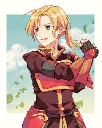 Rule 34 | 1boy, armor, bad id, bad pixiv id, blonde hair, day, fingerless gloves, fire emblem, fire emblem: the sacred stones, forde (fire emblem), gloves, green eyes, leaf, long hair, low ponytail, male focus, nintendo, open mouth, sky, solo, sushitarou