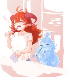 Rule 34 | blue hair, blush, brushing teeth, child, closed eyes, cup, dragon girl, dragon horns, highres, hikyou takarasou, horns, monster girl, open mouth, pointy ears, red hair, slime girl, smile, toothbrush, zzz