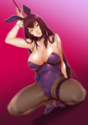 Rule 34 | 1girl, animal ears, arm behind back, arm up, armpits, artist name, bare arms, bare shoulders, black hairband, bow, bowtie, breasts, bridal garter, brown pantyhose, cleavage, collarbone, commentary request, dutch angle, fake animal ears, fate/grand order, fate (series), flower, full body, gae bolg (fate), ganto, gradient background, hairband, high heels, large breasts, leotard, long hair, looking at viewer, official alternate costume, pantyhose, parted lips, pink background, playboy bunny, purple bow, purple bowtie, purple eyes, purple flower, purple footwear, purple hair, purple leotard, purple rose, rabbit ears, red background, rose, scathach (fate), scathach (piercing bunny) (fate), shiny skin, shoes, signature, solo, spread legs, squatting, wrist cuffs