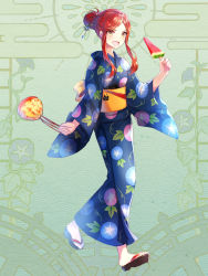 Rule 34 | 1girl, :d, bag, blue kimono, brown eyes, dairoku ryouhei, floral print, food, full body, hair bun, hair ornament, hair stick, hair up, hi-na1, holding, holding bag, japanese clothes, kimono, looking at viewer, obi, open mouth, parted bangs, popsicle, pouch, red hair, sandals, sash, seigaiha, sidelocks, simple background, single hair bun, smile, solo, standing, watermelon bar, wide sleeves
