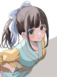 Rule 34 | 1girl, alternate hairstyle, black hair, blue skirt, blunt bangs, blush, bow, breasts, cleavage, closed mouth, collarbone, dot nose, dutch angle, green eyes, hair bow, hair ribbon, hamaguchi ayame, hand on own hip, highres, idolmaster, idolmaster cinderella girls, idolmaster cinderella girls starlight stage, long hair, looking at viewer, medium breasts, pleated skirt, ribbon, short sleeves, sidelocks, simple background, skirt, smile, solo, tottoto tomekichi, two-tone background, two-tone shirt, upper body, white ribbon
