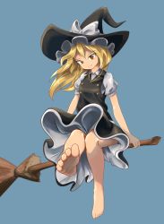 Rule 34 | 1girl, absurdres, barefoot, black skirt, blonde hair, blouse, broom, broom riding, buttons, feet, foot focus, hat, hat ribbon, highres, kirisame marisa, pompmaker1, ribbon, shirt, simple background, sitting, skirt, smile, soles, solo, toes, touhou, white shirt, witch hat