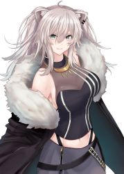 Rule 34 | 1girl, absurdres, ahoge, animal ear fluff, animal ears, bare shoulders, black jacket, black shirt, breasts, cleavage, closed mouth, fur trim, gold necklace, green eyes, grey skirt, hair between eyes, hair ornament, hairclip, highres, hololive, jacket, jewelry, large breasts, lion ears, long hair, long sleeves, looking at viewer, navel, necklace, see-through, see-through cleavage, shirt, shishin (shishintei), shishiro botan, shishiro botan (1st costume), silver hair, simple background, skirt, smile, solo, transparent background, upper body, virtual youtuber, white background, zipper