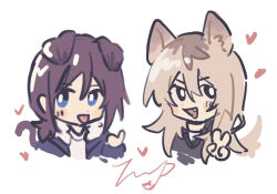 2girls animal_ears black_sweater blue_eyes blue_jacket brown_hair cat_ears cat_girl cat_tail chibi chibi_only commentary dog_ears dog_girl dog_tail english_commentary fish_(sakana135026) girls_band_cry hair_between_eyes heart iseri_nina jacket kawaragi_momoka kemonomimi_mode light_brown_hair multicolored_hair multiple_girls open_clothes open_jacket open_mouth roots_(hair) shirt simple_background sweater tail tongue tongue_out v white_background white_shirt