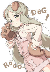 Rule 34 | 1girl, animal ears, animal hands, blush, bone print, brown gloves, brown overalls, brown sweater, dog ears, dutch angle, fake animal ears, fur-trimmed sleeves, fur trim, gloves, hand on own hip, hand up, handa roco, idolmaster, idolmaster million live!, idolmaster million live! theater days, kuresuku (lessons), light brown hair, long hair, long sleeves, looking at viewer, low twintails, official alternate costume, overall shorts, overalls, parted bangs, paw gloves, paw print, smile, solo, sweater, twintails, v-shaped eyebrows, white background