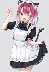 Rule 34 | 1girl, ;d, alternate costume, animal ear fluff, animal ears, apron, arm up, bad id, bad pixiv id, black bow, black dress, blush, bow, cat ears, cat girl, cat tail, commentary, dress, enmaided, fang, frilled apron, frills, gradient hair, grey background, looking at viewer, maid, maid apron, maid headdress, multicolored hair, one eye closed, open mouth, princess connect!, puffy short sleeves, puffy sleeves, purple eyes, purple hair, short sleeves, simple background, skirt hold, smile, solo, tail, tail bow, tail ornament, tail raised, tamaki (princess connect!), white apron, white hair, yumoran