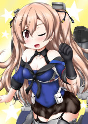 Rule 34 | 1girl, black gloves, black skirt, black thighhighs, blue shirt, breasts, brown eyes, cleavage, commentary request, garter straps, gloves, johnston (kancolle), kantai collection, light brown hair, long hair, looking at viewer, machinery, medium breasts, off shoulder, one eye closed, ouno (nounai disintegration), pleated skirt, sailor collar, school uniform, serafuku, shirt, single glove, skirt, smokestack, solo, thighhighs, twintails, two side up